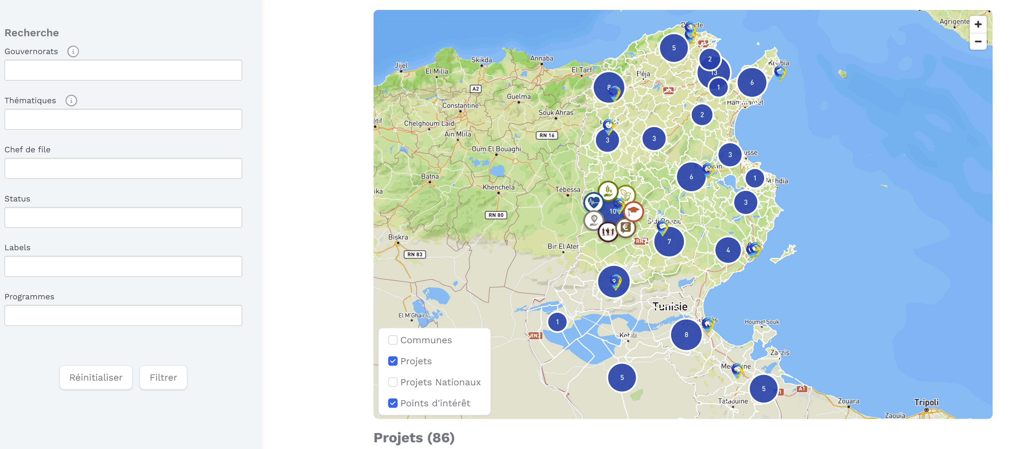 EU-Tool Tunisie — carte interactive 86 projets